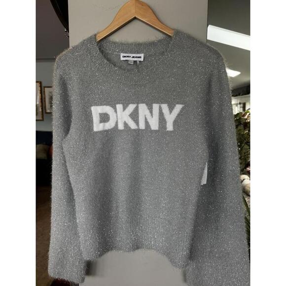 NWT DKNY Metallic Fuzzy Sweater Sz Med Silver Grey Bold Logo Sparkly Holiday - Picture 1 of 3